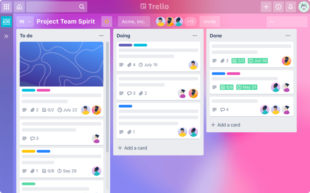 Screenshot of a Trello board with multiple lists and cards – ideal for a beginner to visualize the concept