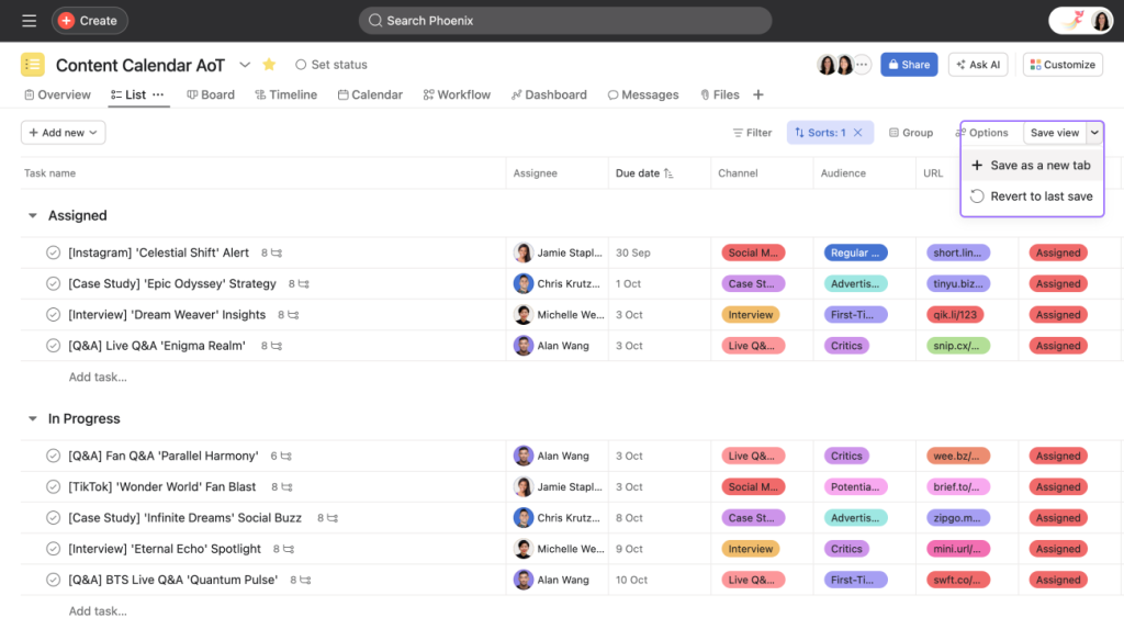 Asana list view